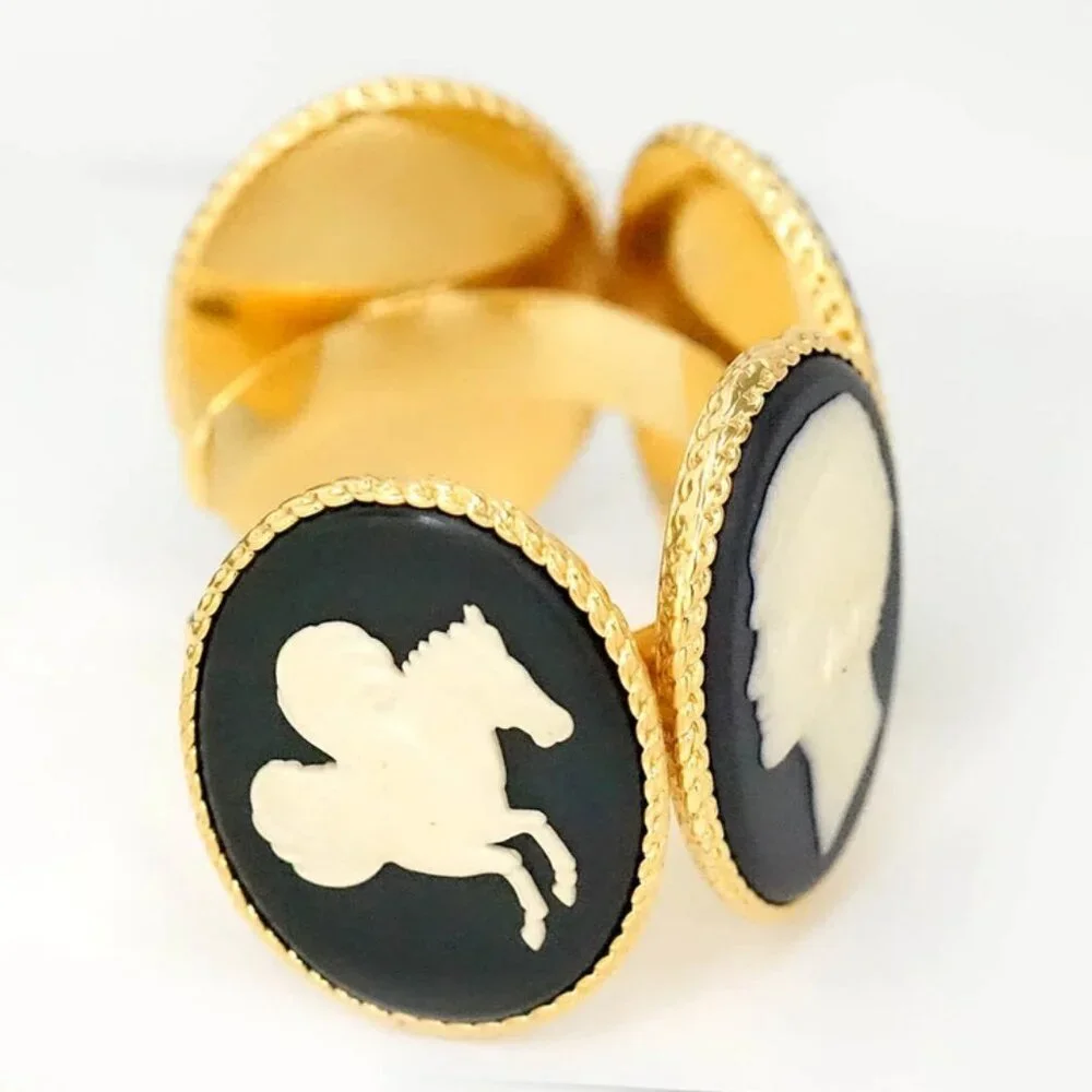 CHANEL COCO Horse Cameo Vintage Bangle Bracelet 5.7" Gold Tone Auth w/Box n11118 - Picture 4 of 10